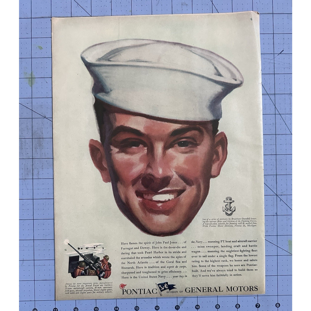 1944 Print Ad US Navy Anti-aircraft Gunner Bradshaw Crandell Pontiac